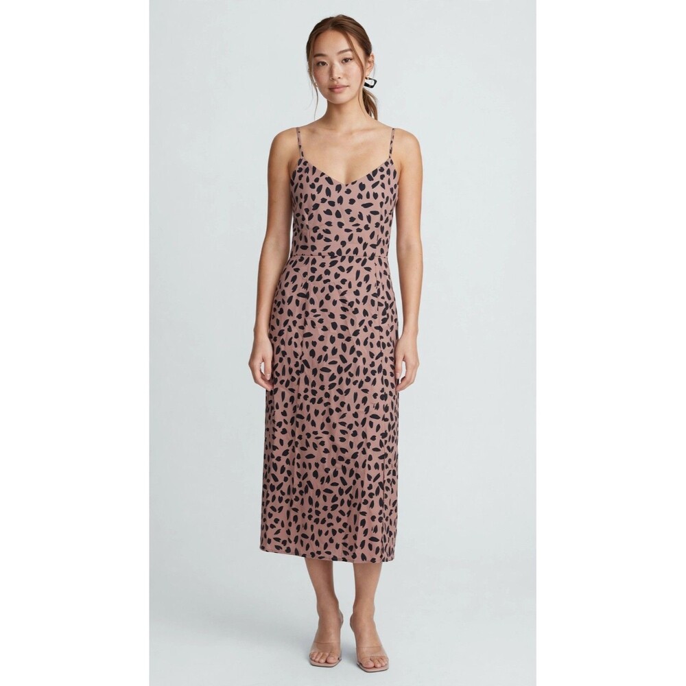 Womens Romantic Midi Slip Dress S Brown Black Heart Print Spaghetti Strap V-Neck